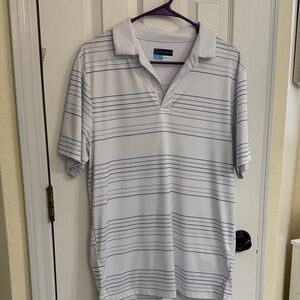PGA Tour Men’s White Polo with Thin Navy, Silver, and Green Stripes